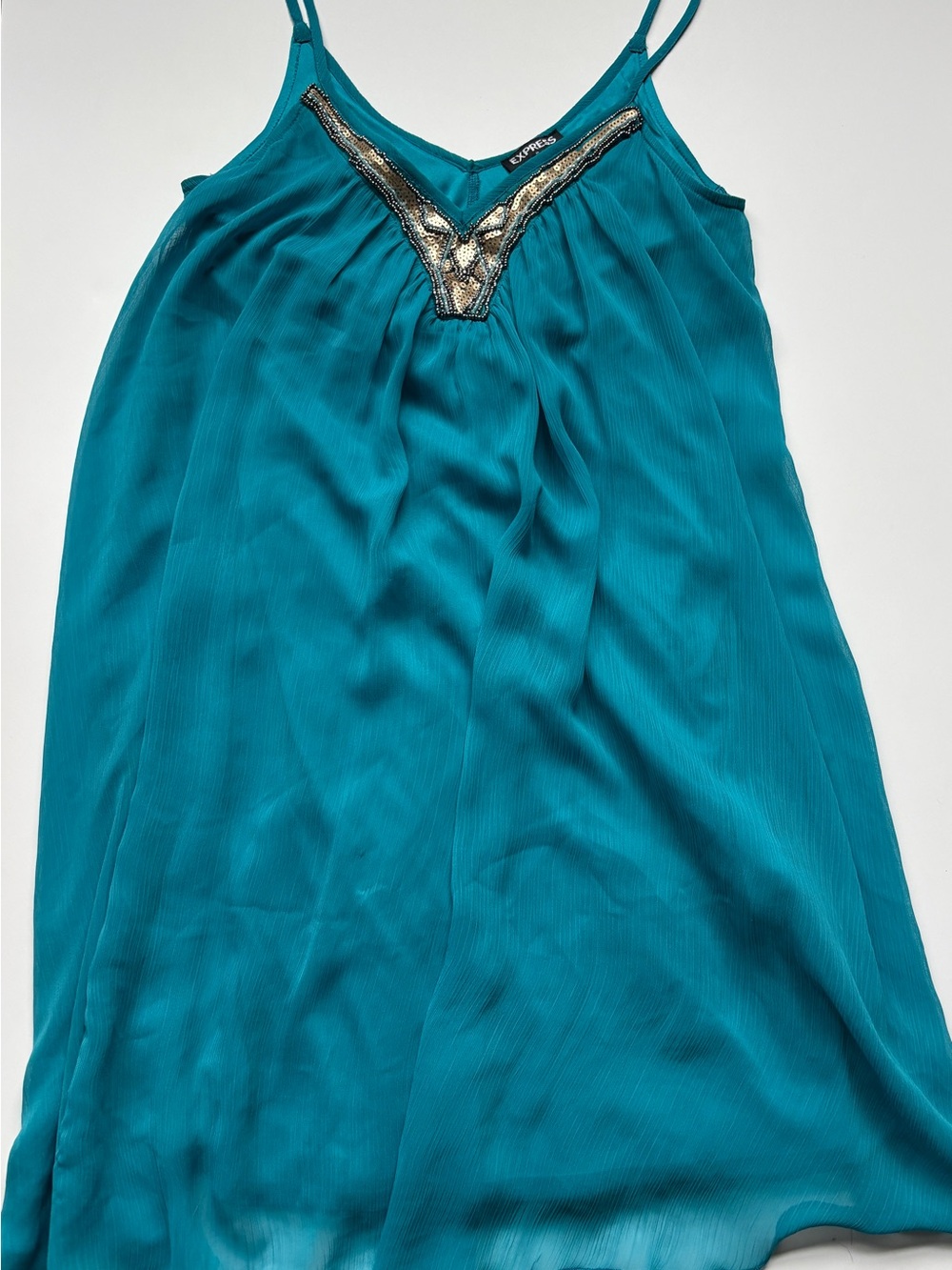 Express Teal Beaded V-Neck Slip Cami mini dress y2k going out top